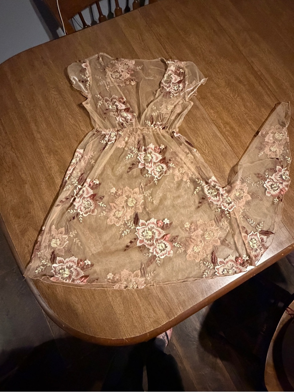 Boho Stretchy Sheer Floral Embroidered Mesh Tulle Mini Dress Overlay Brown Beige - Picture 6 of 8
